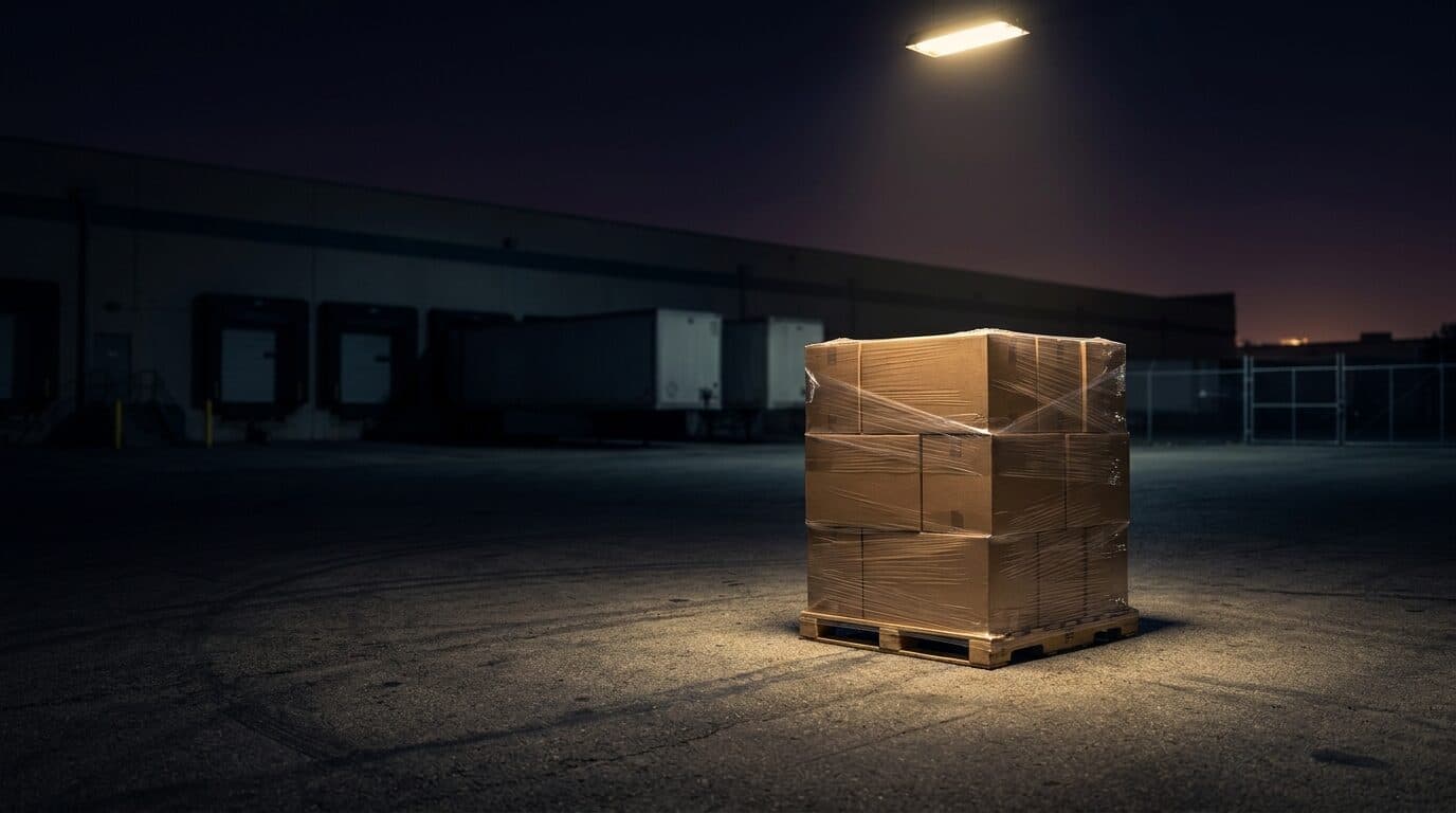 A wrapped pallet of cartons alone under one light in a loading yard at night
