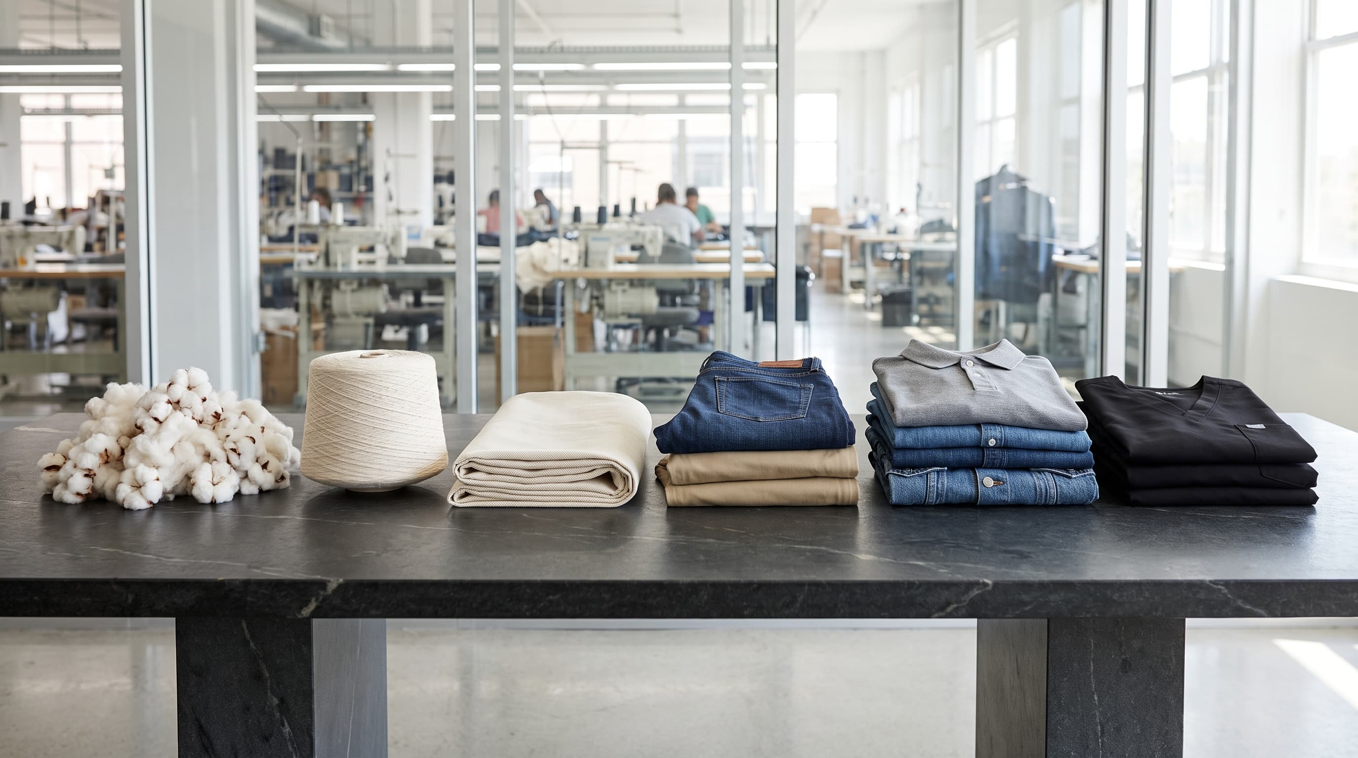 One material becoming product, in a row on a stone table — raw cotton, a cone of yarn, folded cloth, then jeans, chinos, knitwear and scrubs, the sewing floor beyond the glass