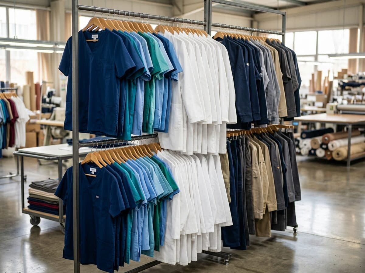 Racked medical scrubs, lab coats and uniforms in the facility