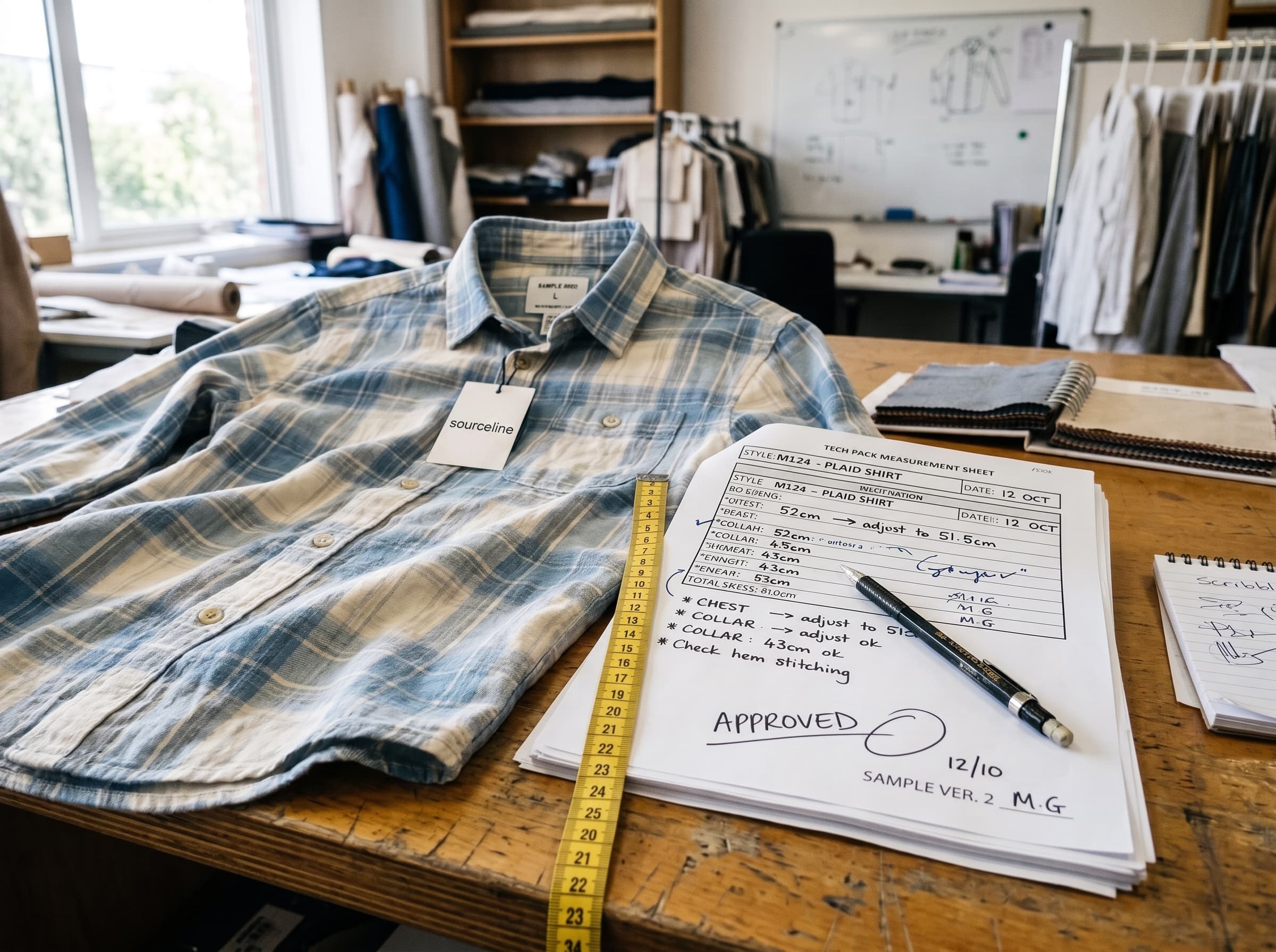 A Sourceline-tagged plaid sample shirt on a worktable beside its signed-off tech pack measurement sheet, tape measure and swatch books
