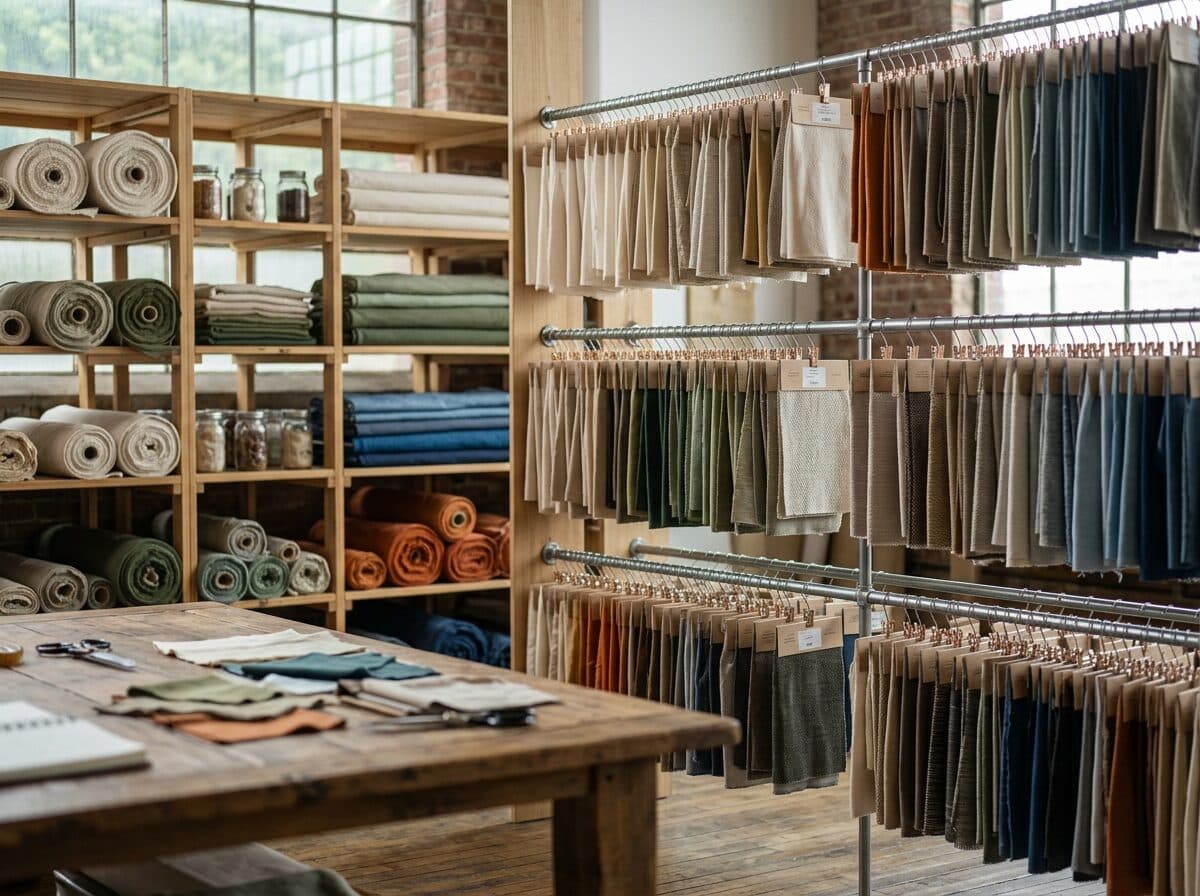 The material library — fabric rolls and hanging swatches