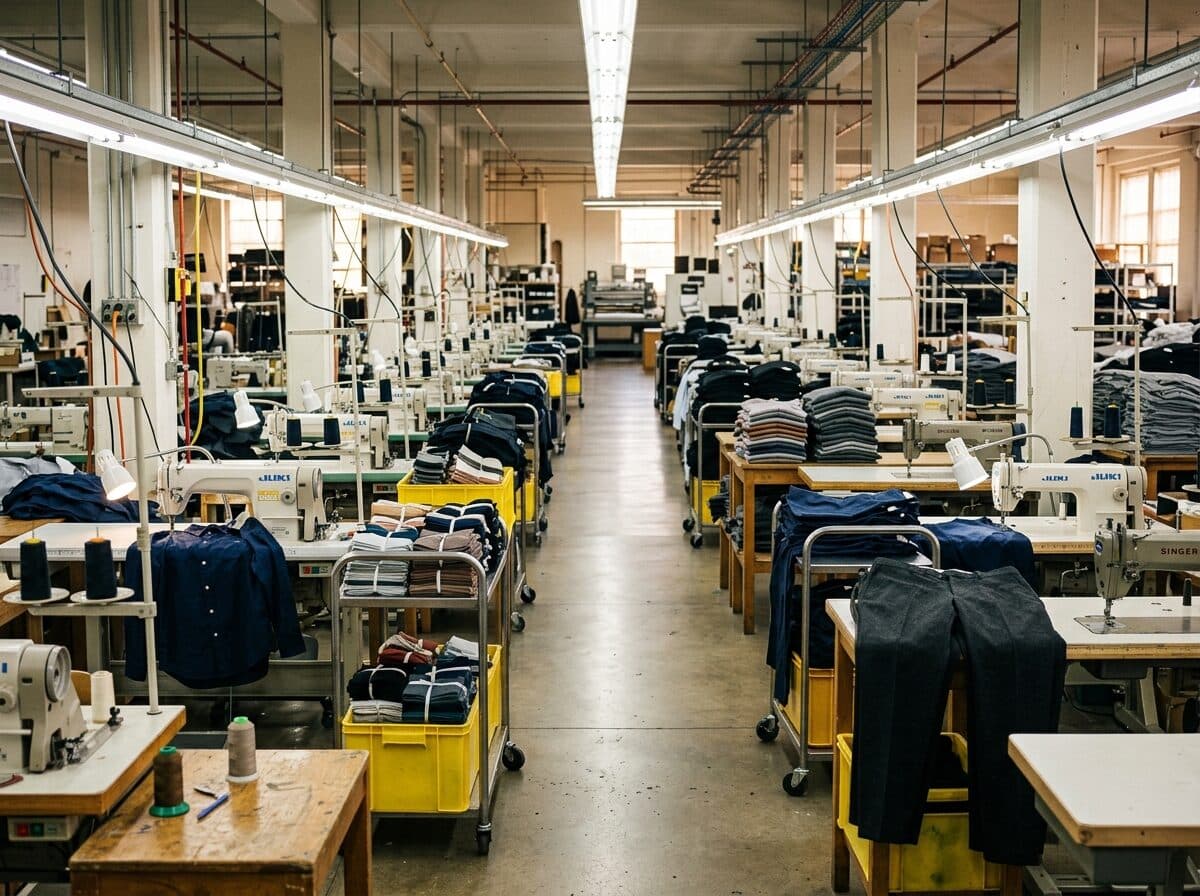 The sewing floor mid-shift, bundles moving between stations