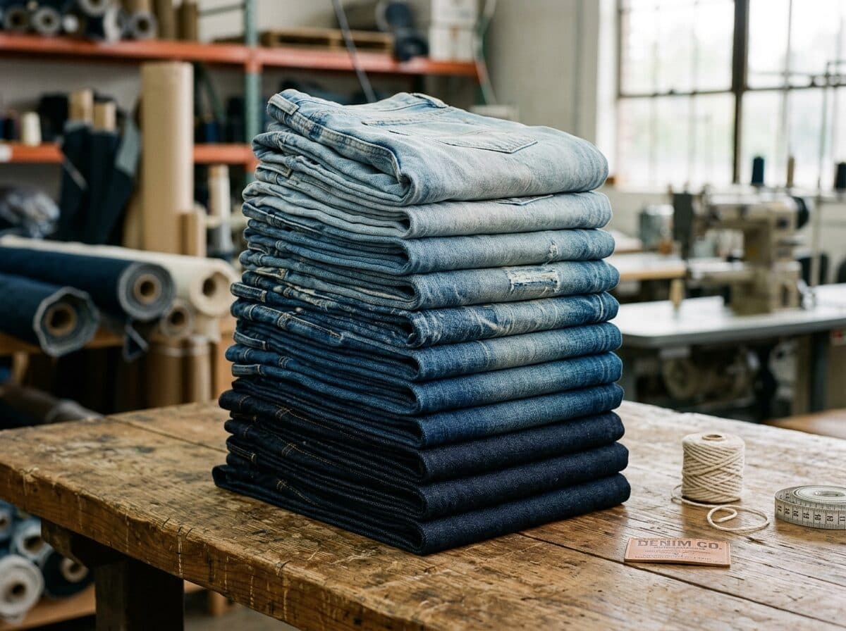Finished jeans stacked from raw indigo to light wash