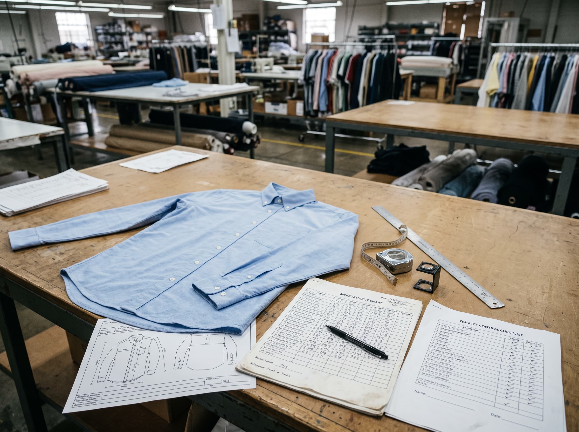 A finished blue shirt on an inspection table beside its measurement chart, quality control checklist, loupe, steel rule and tape measure, the production floor beyond
