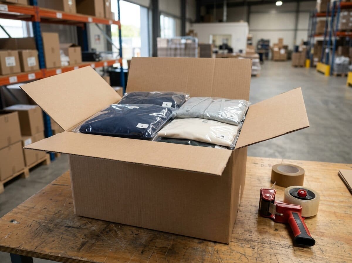 Polybagged garments packed for dispatch