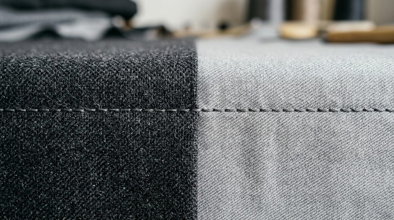 A single seam joining two fabrics — the stitch line running like a horizon