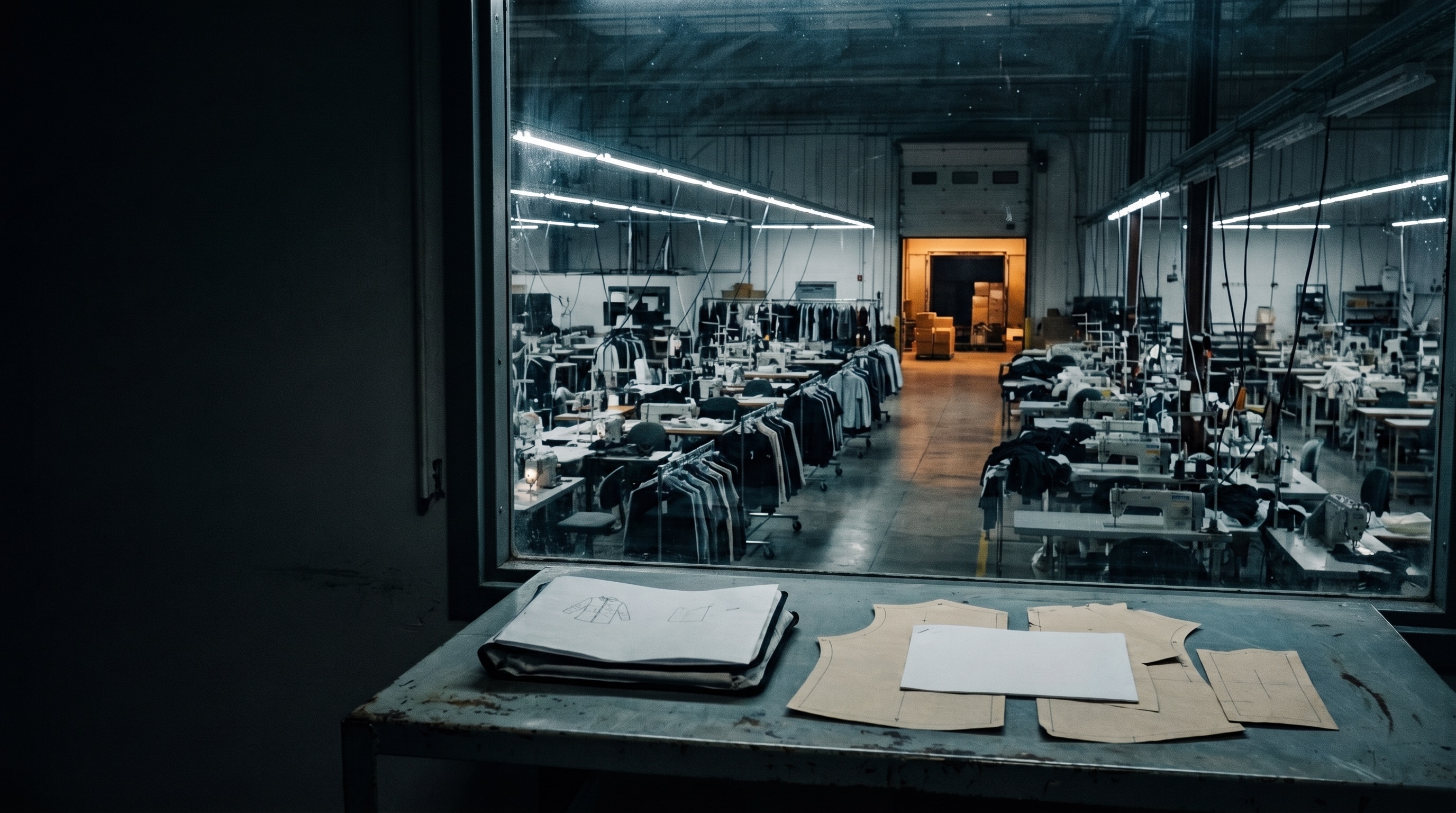 Patterns and a tech pack on a steel table, the production floor visible through the window beyond