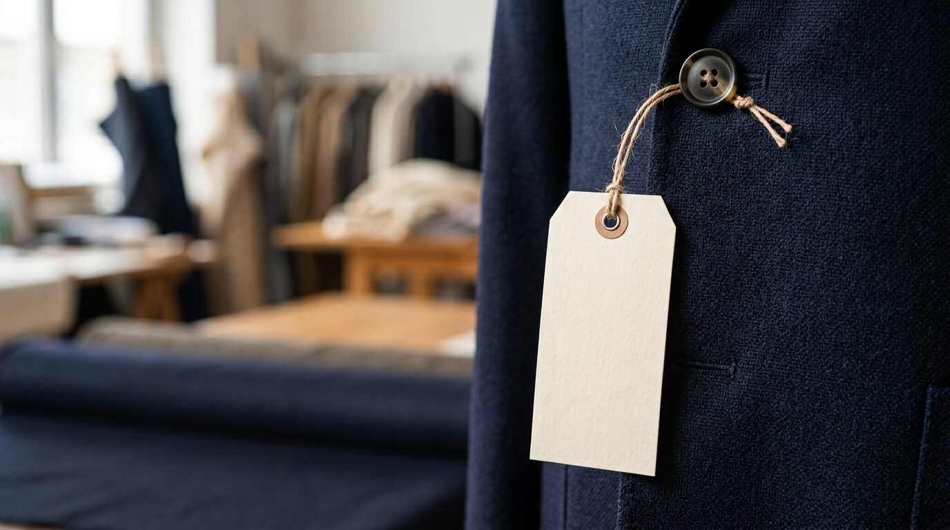A blank swing tag tied to the button of a finished jacket